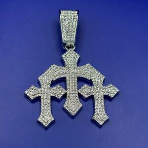 Silver tone Big iced out triple cross pendant 3A CZ rapper jewelry no chain